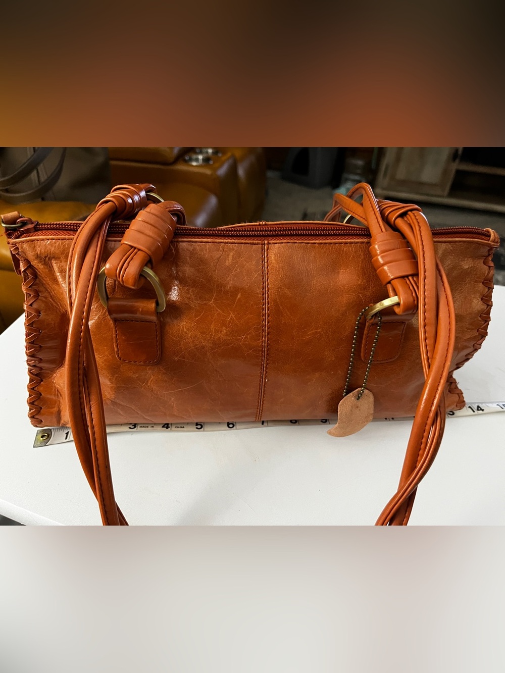 Women's 13” Leather Satchel Bag in Orangish color Whip stitch trim